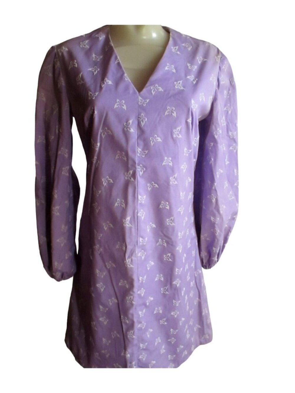 Butterfly Small True Vintage Dress Cottage Core Print Lilac Handmade 1970's